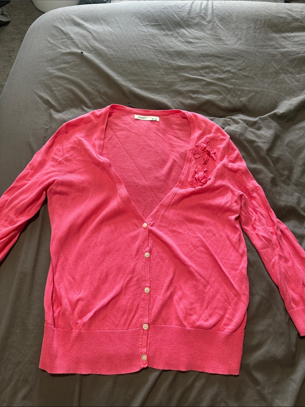 Old Navy Bright Pink V-Neck Button Cardigan with Floral Appliqué